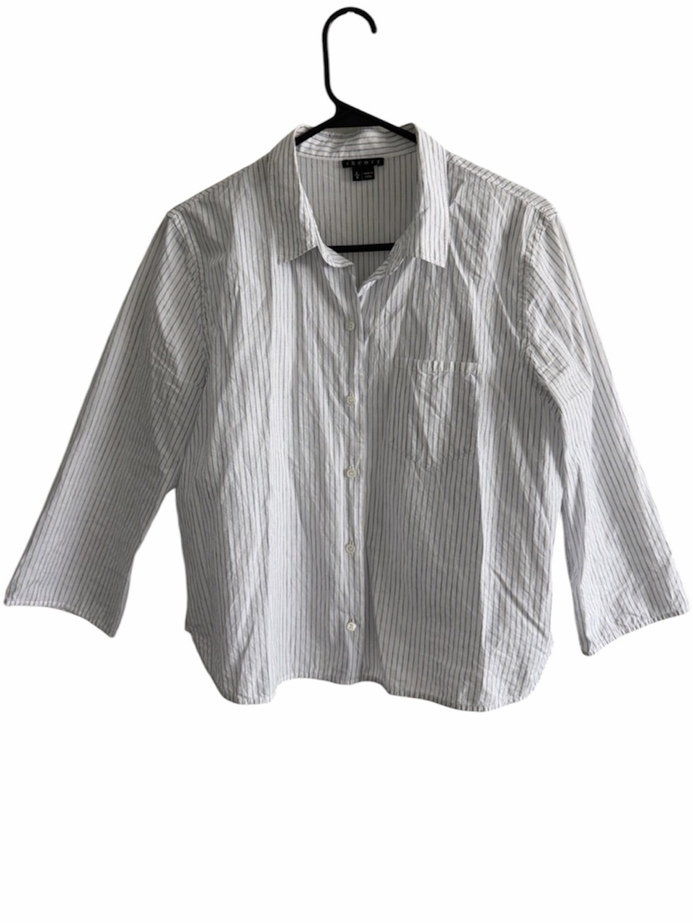 Theory Striped Linen Button Down 3/4 Sleeve Cropped Size L 80% cotton 20% linen